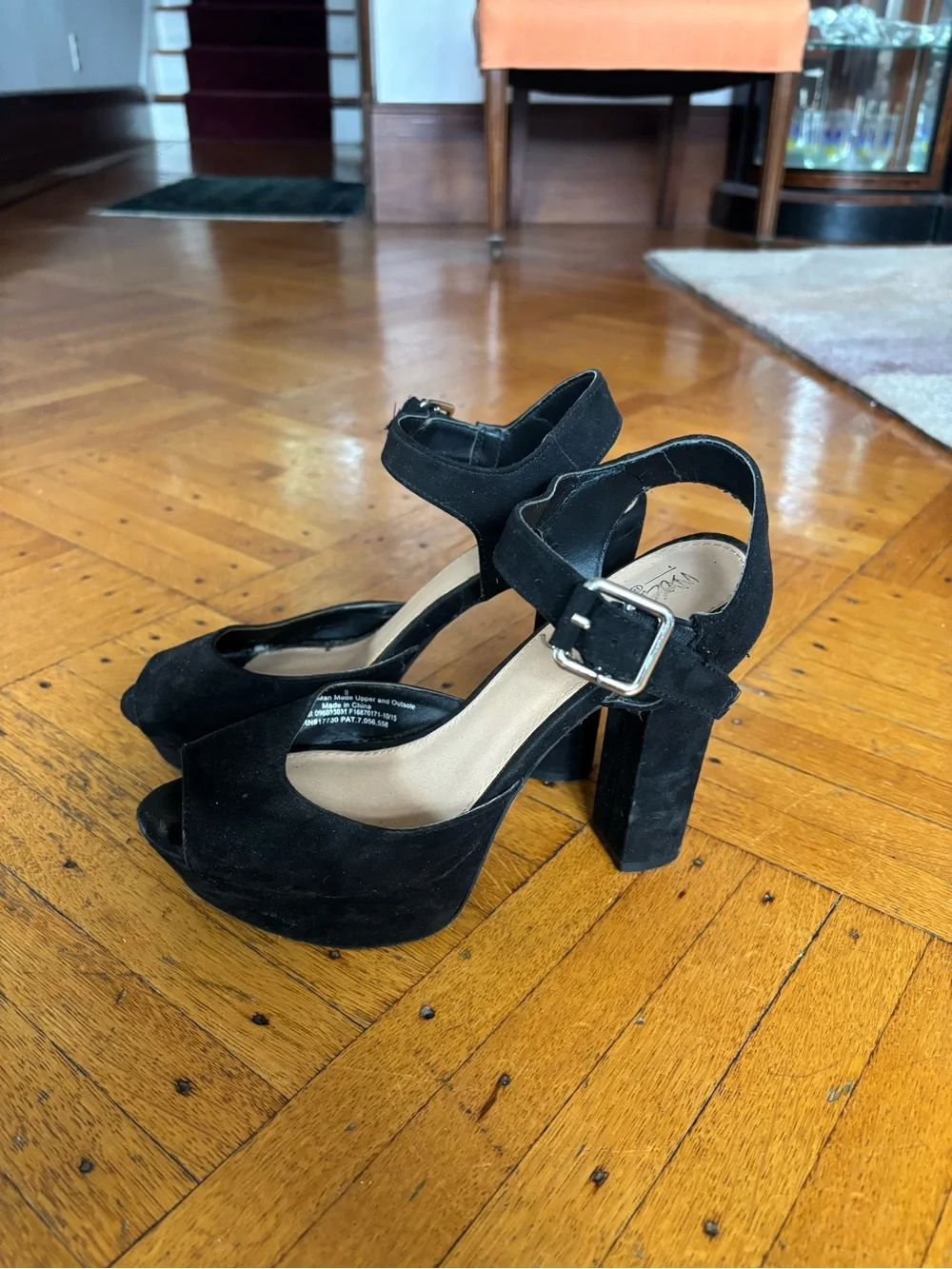 Black Suede Platform Block Heel Sandals with Ankle Strap